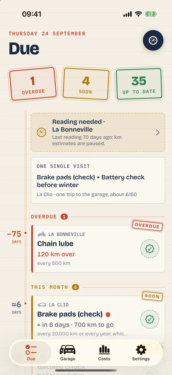 Révisio due list with “overdue” and “soon” stamps