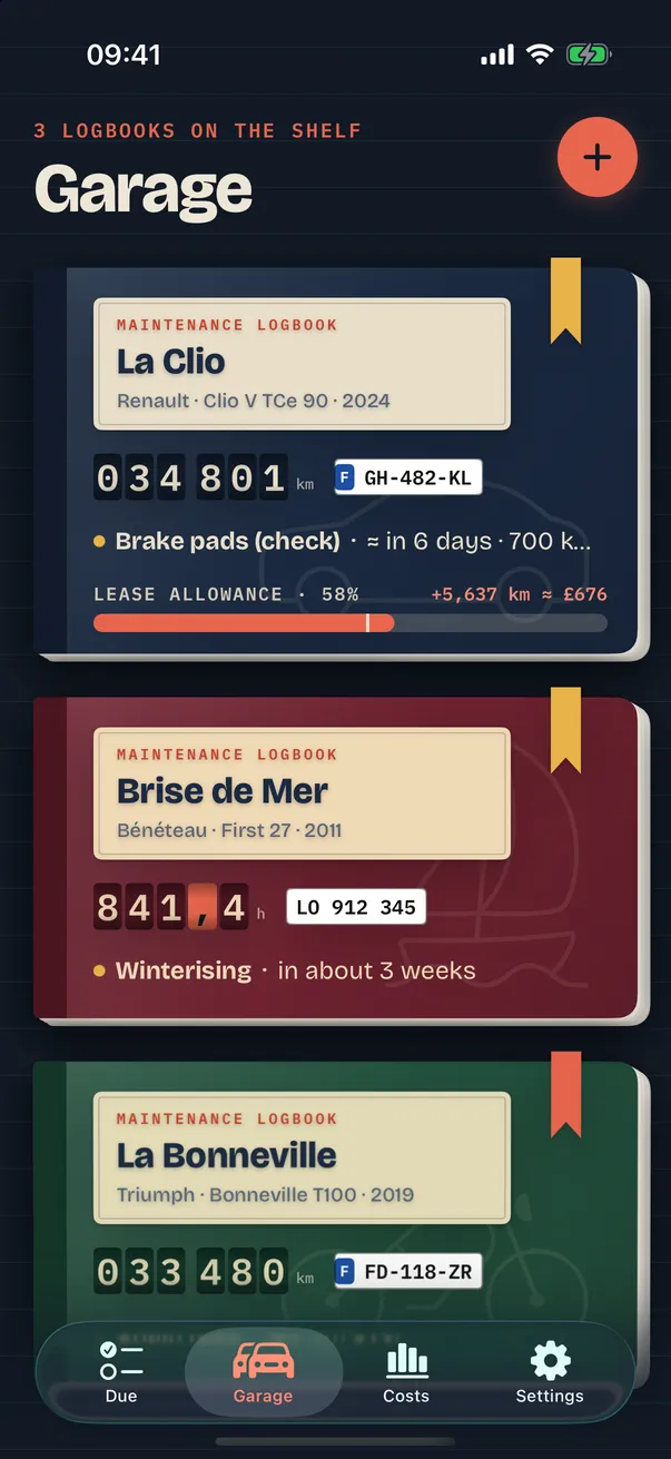 Révisio garage: car, sailboat and motorcycle with meters