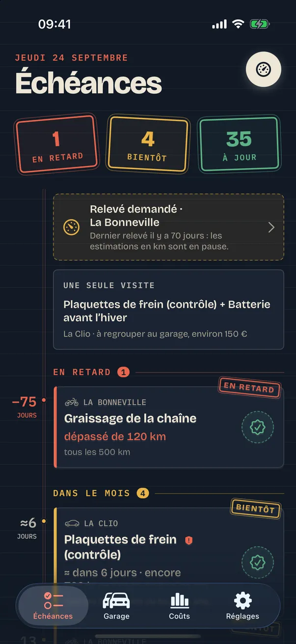 Liste des échéances Révisio avec tampons « en retard » et « bientôt »