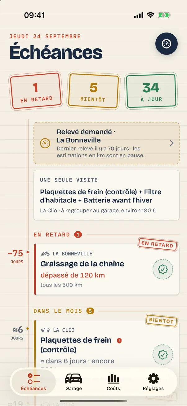 Liste des échéances Révisio avec tampons « en retard » et « bientôt »