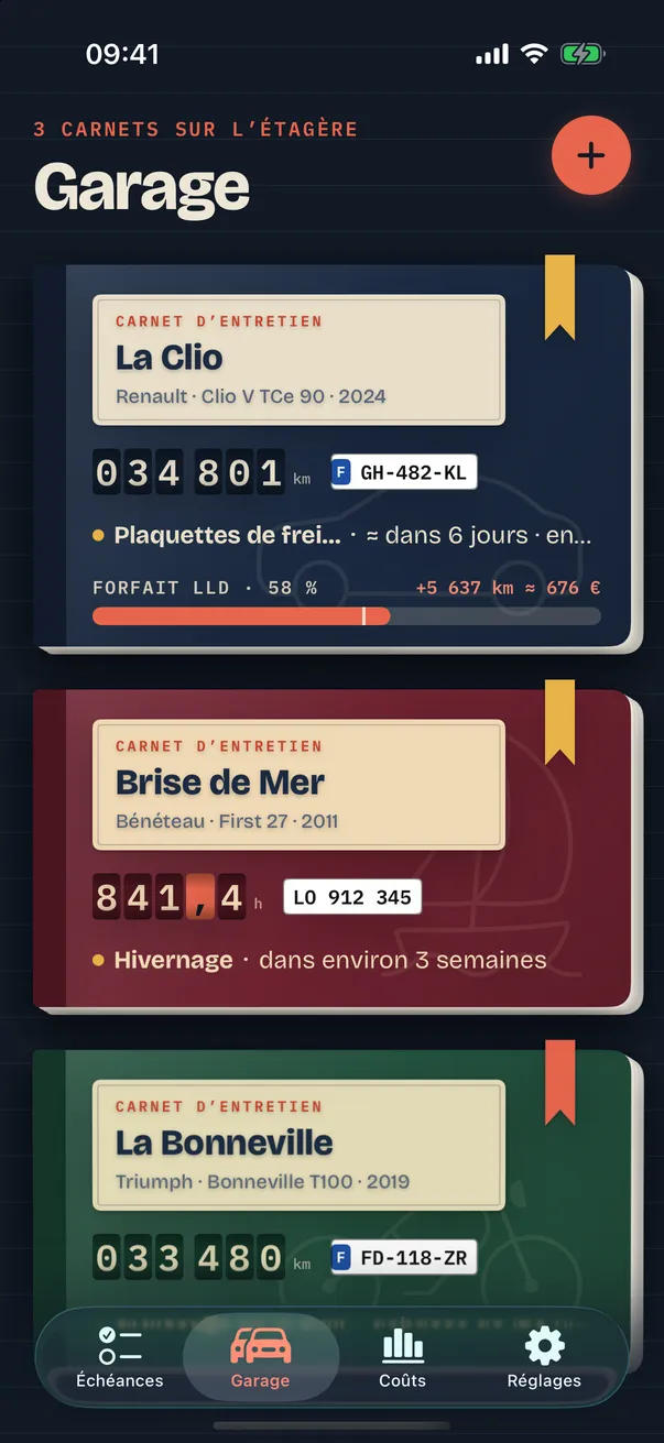 Garage Révisio : voiture, voilier et moto avec compteurs